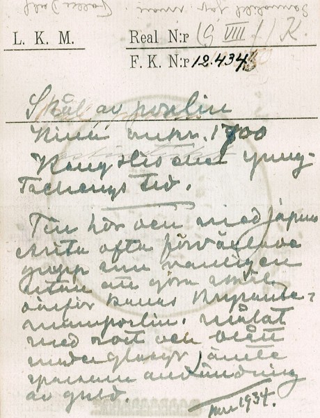 Karlins text om tallriken, KM 12434 i våra samlingar. 