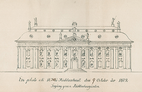 Teckning av Riddarhuset som fungerade som biljett till Riddarhuset vid kungliga processioner. Ur Kulturens arkiv, beskuren bild.