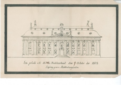 Teckning av Riddarhuset som fungerade som biljett till Riddarhuset vid kungliga processioner. Ur Kulturens arkiv.