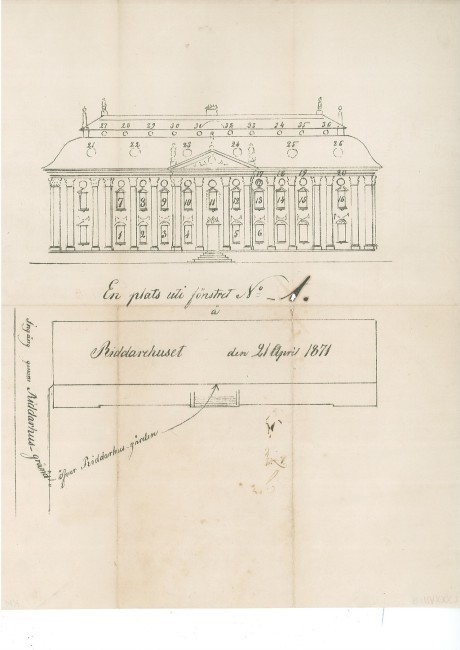 Teckning av Riddarhuset som fungerade som biljett till Riddarhuset vid kungliga processioner. Ur Kulturens arkiv.
