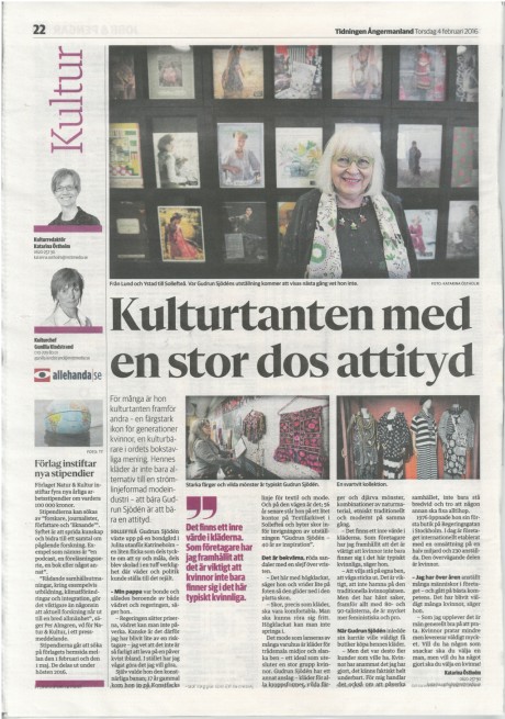 Pressklipp från Tidningen Ångermanlands kultursidor, artikel om Gudrun Sjödén. 