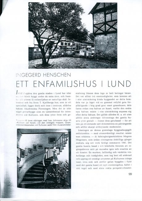 Första sidan av ett inredningsreportage om museichef Kjellbergs hem i Nordenstedska huset, från tidskriften Svenska hem i ord och bilder nr 5/1943. 