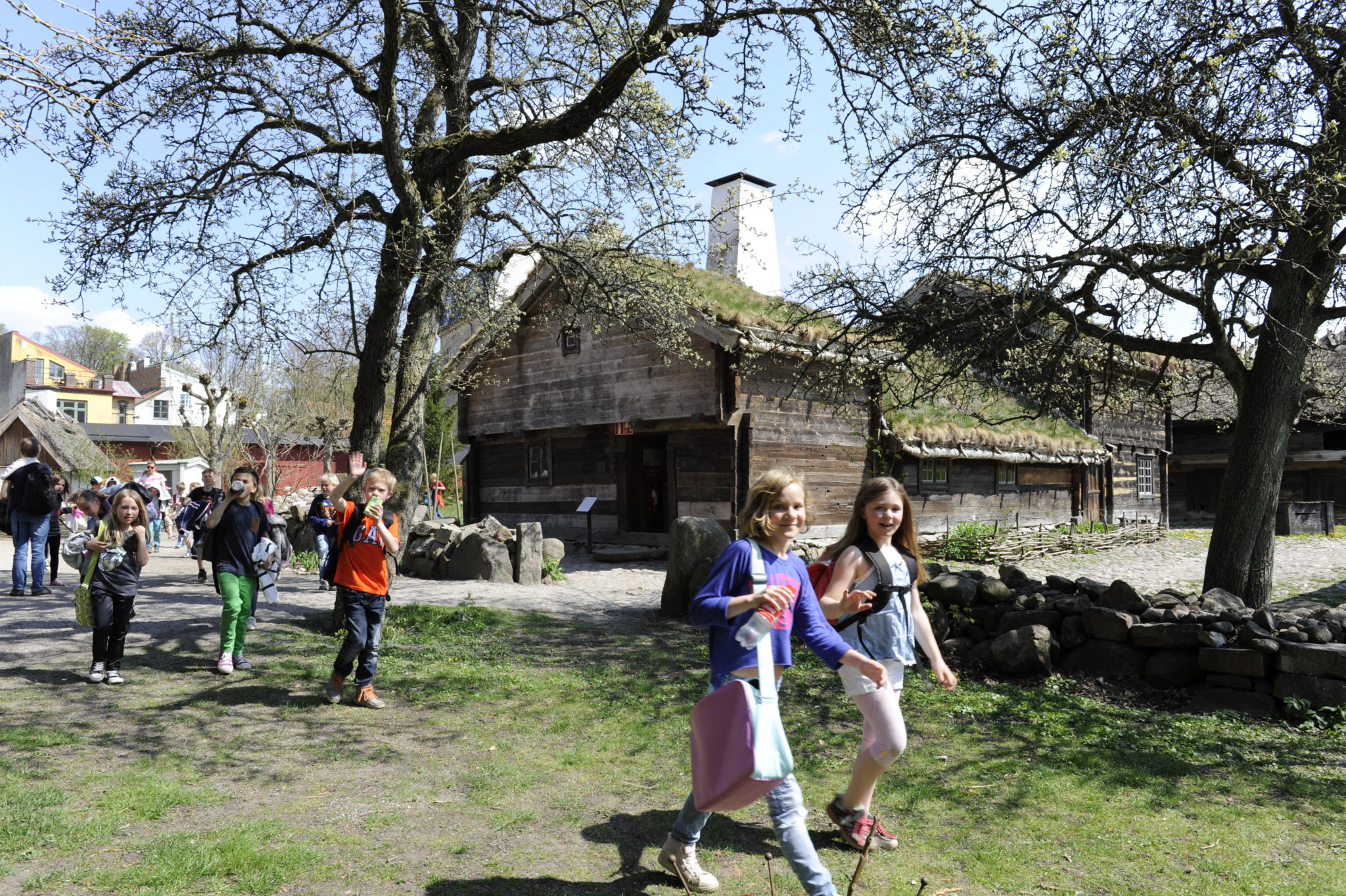 Skolbarn i friluftsmuseet med Blekingegården i bakgrunden. En vårdag.