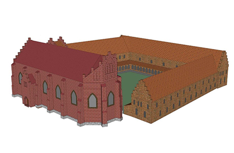 Rekonstrukion av S:ta och S:t Peters kloster efter cirka år 1350 då den byggdes om till en fyrsidig gotisk klosteranläggning i tegel. Rekonstruktion Ivan Balic ur boken Kyrkornas Lund av Gunilla Gardelin, utgiven av Kulturen 2015.