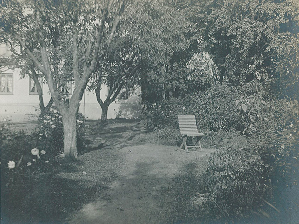 Foto från Sjögrens trädgård på Vita husets baksida, slutet av 1800-talet. Familjerna Sjögren och Bonde bodde i varsin del av tvåfamiljshuset, senare övertog Sjögren hela huset. Foto från Kulturens arkiv.