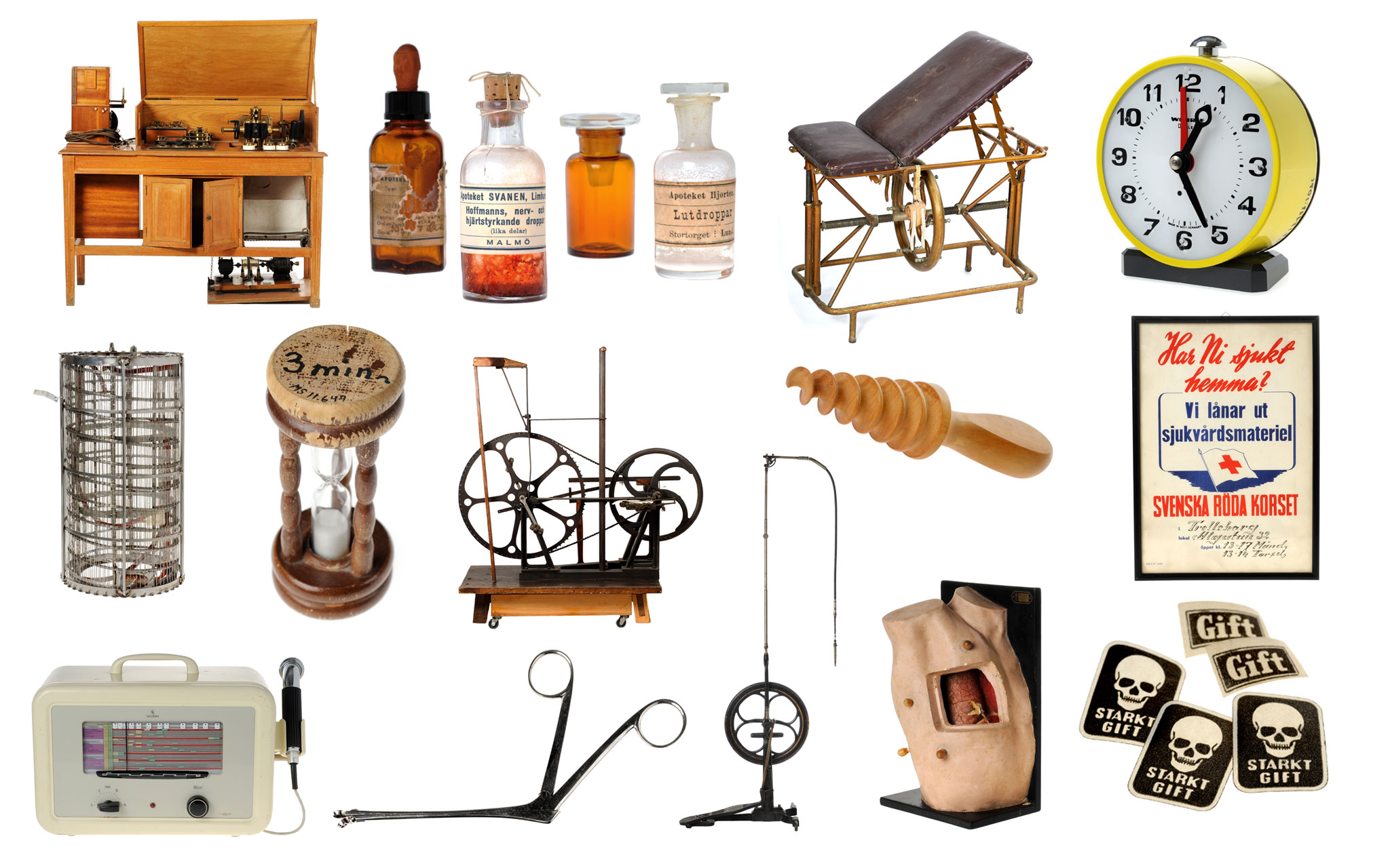 Collage av föremål ur de medicinhistoriska samlingarna.