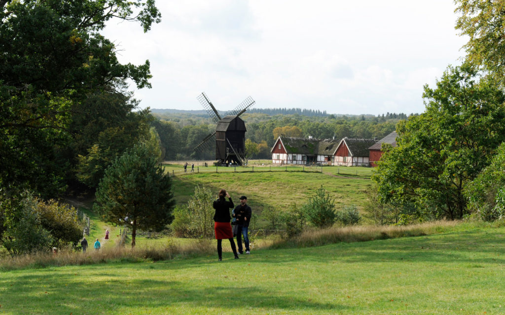 Utsikt över det kuperade landskapet på Östarp. Till vänster vindmöllan och till höger Möllegården.