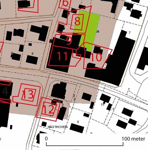 Karta över södra delen av Södra Sandby by, med 1810-års gårdar (med röd linje). Ytan som ska intensivundersökas är markerad med grönt. 