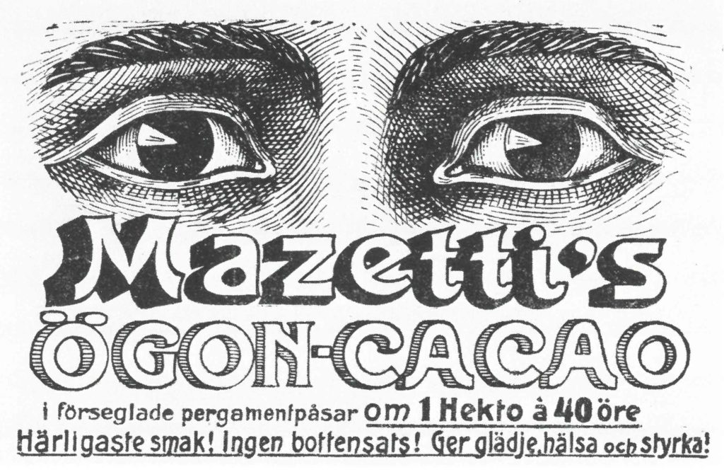 Annons för Mazettis Ögonkakao från 1906. Bild ur Kulturens årsbok 1963. 