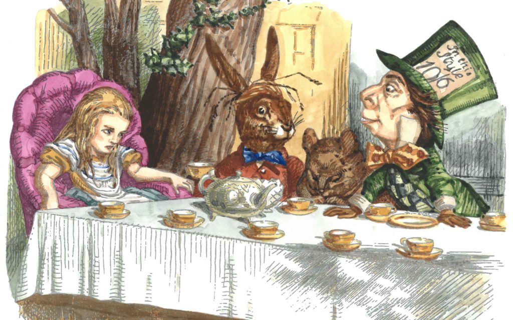 Alice på teparty. Illustration av John Tenniel, färglagd av Olle Ekström. 