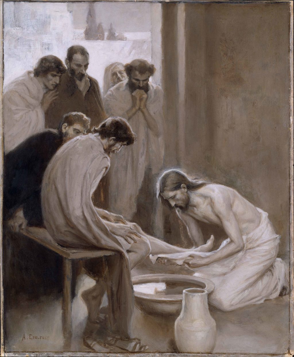 Jesus tvättar lärljungarnas fötter. Målning av Albert Edelfelt.