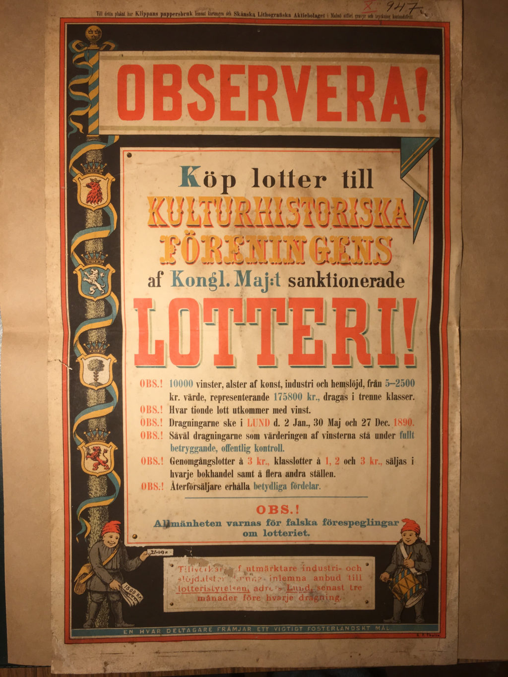 Affisch av Svante Thulin från 1890 om Kulturens lotteri