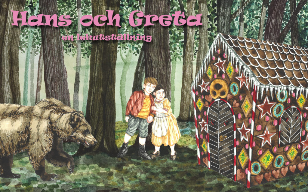 Illustration med skog, pepparkakshus, flicke och pojke och björn.