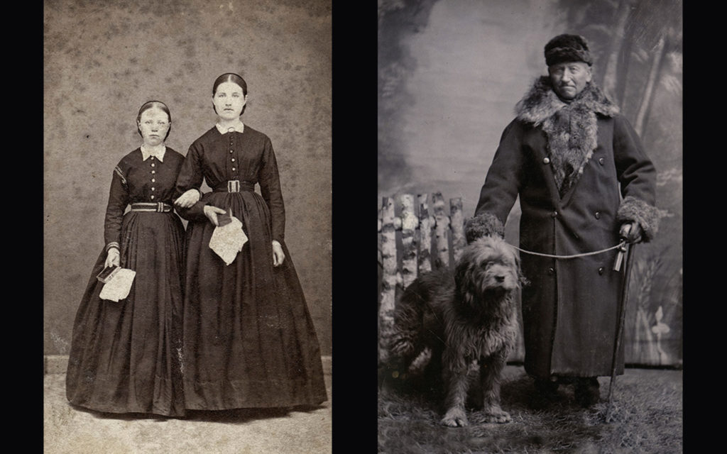 Till vänster: Beata och Anna Löfgren. Fotograf Georg Gleerup, Lund, 1860-talets början till 1874. Till höger: Väktaren Henrik på Tuna slott i Lund med sin vakthund. Fotograf August Korfitzen, Mårtenstorget, Lund, 1876–1896. Båda bilderna finns i Kulturens samlingar och visas i utställningen Klädd för porträtt.