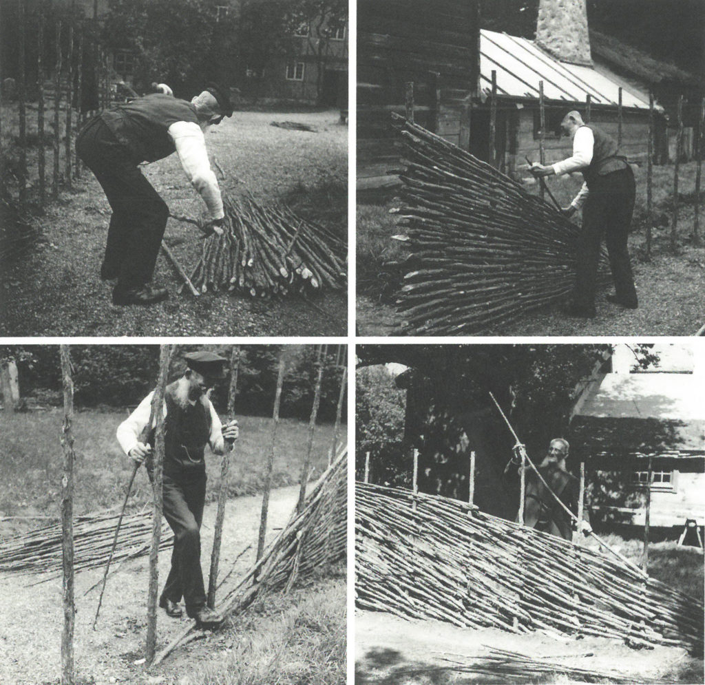 Renovering av hägnader på Kulturen i Lund 1936. Jöns Olsson, troligen från norra Skåne, utför arbetena. 