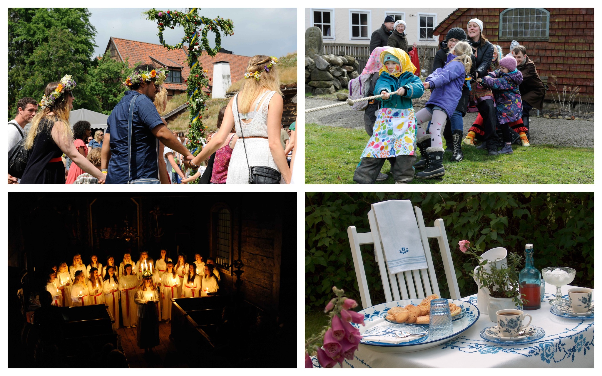 Collage av bilder på midsommarfirande, Skärtorsdagsfirande och Luciakonsert på Kulturen i Lund samt bord med uppdukad fika.