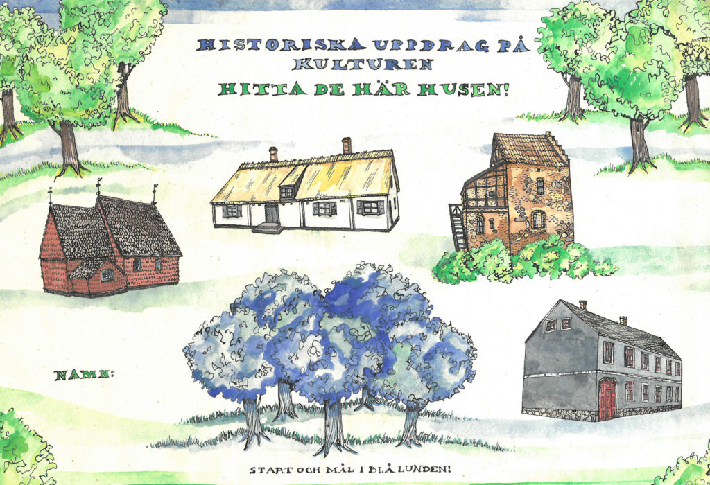 En slags karta målad i akvarell, för Kulturens Historiska uppdrag för barn. illustration Olle Ekström/Kulturen.