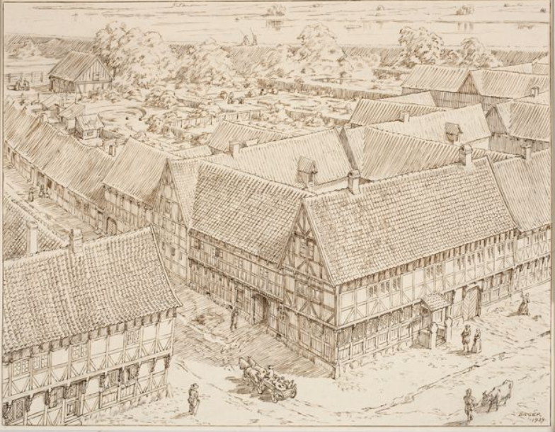 Teckning från 1939 av Einar Bager, som illustrerar Lembkeska gården under 1600-talet då den låg i Malmö. Entrén var försedd med så kallade bislagsstenar. Bilden är hämtad från Malmö museers digitala arkiv.