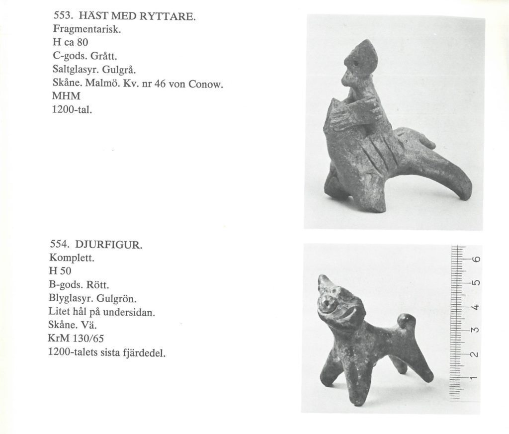 Två djurfigurer funna i Malmö respektive Vä. Scannad sida ur boken ”Keramik 1000-1600” av Claes Wahlöö. 