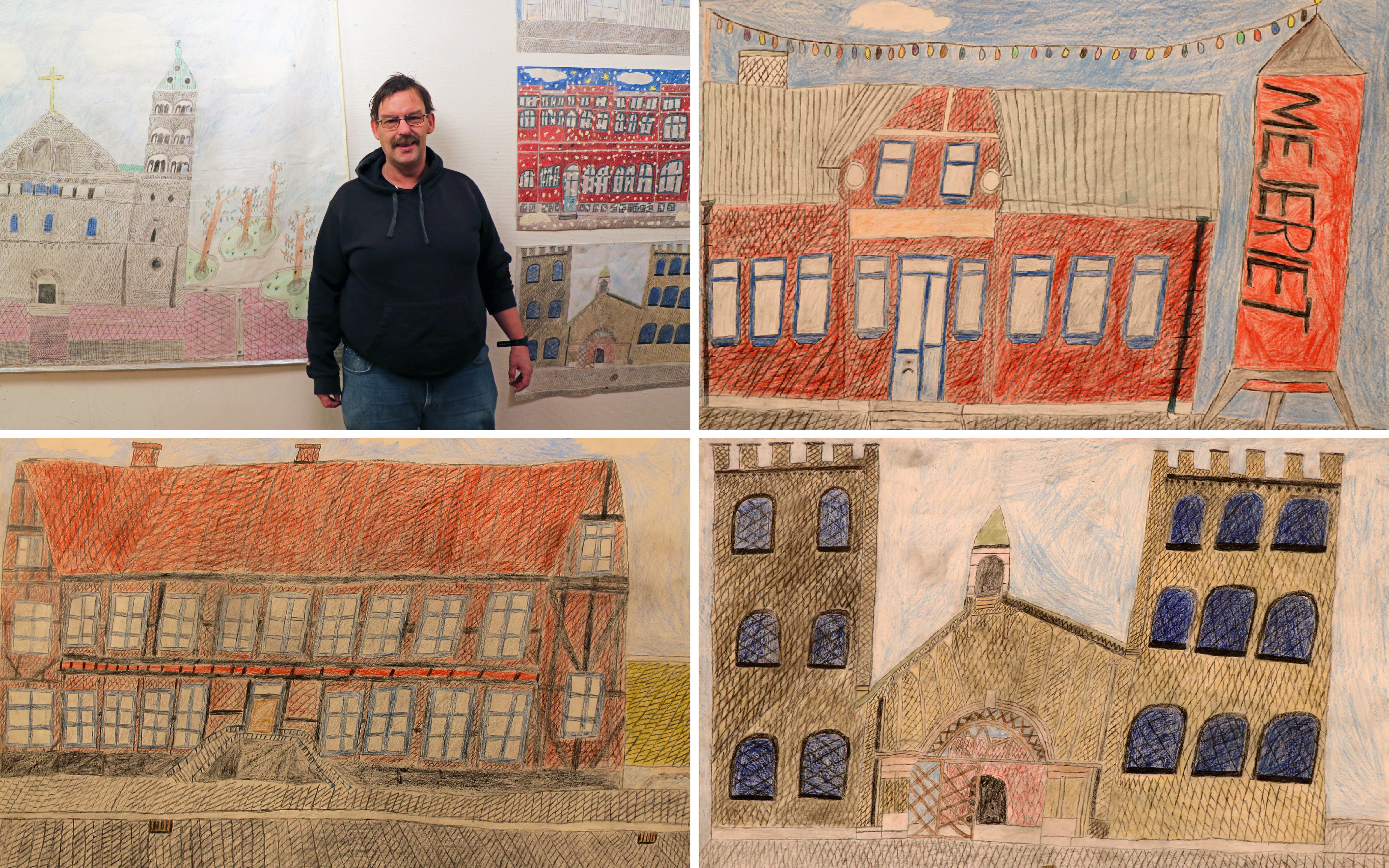 Roger Marmdal och några av hans teckningar av hus i Lund. Foto: Kulturcentrum Skåne.