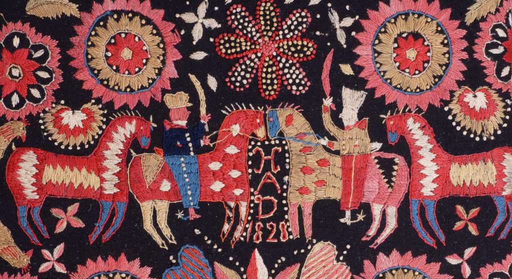 Broderi på skånsk åkdyna, tillverkad 1828. Foto: Kulturen