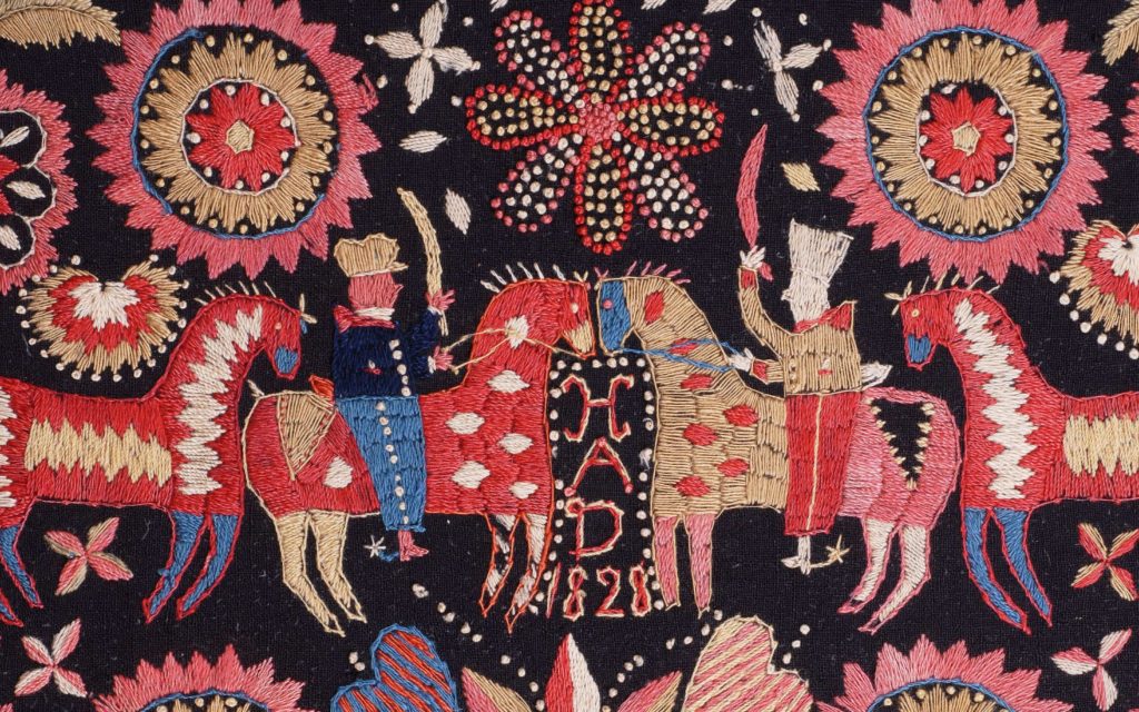 Broderi på skånsk åkdyna, tillverkad 1828. Foto: Kulturen
