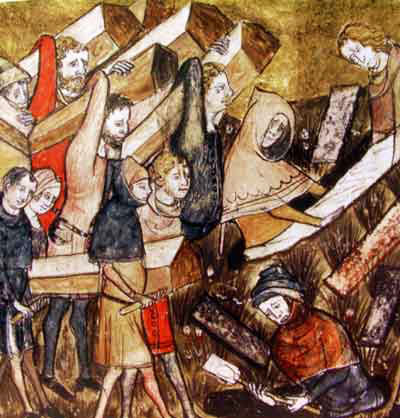 Begravning av offer för pesten i Tournai. Detalj från illustration i "The Chronicles of Gilles Li Muisis" (1272-1352). Bibliothèque royale de Belgique, MS 13076-77, f. 24v. 