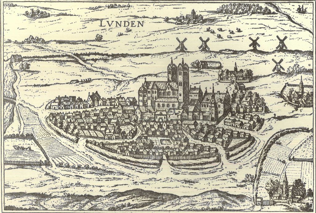 Franz Hogenbergs kopparstick över staden Lund, 1585. Bildkälla: Bildkälla: Sydsvenska Medicinhistoriska museets bildarkiv