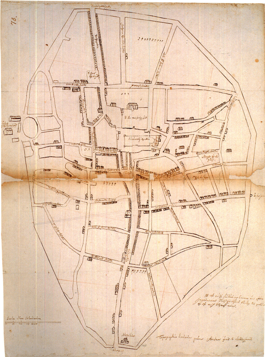 Karta över Lund "”Gjord och ritad av Andreas”, förmodligen från 1669.