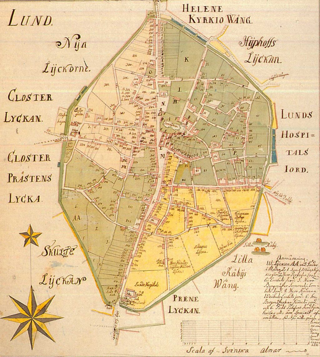 Karta av C. M. Espman, Charta öfver Staden Lund Inom Wallarne, år 1783.