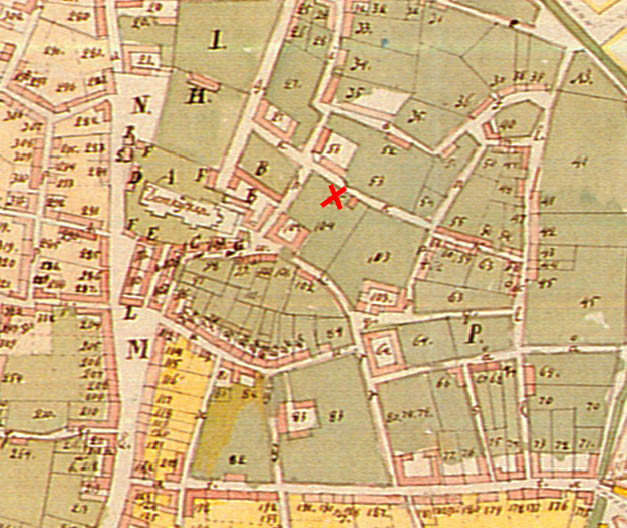 Detalj ur Espmans karta från 1783. Den arkeologiska undersökningen i kvarteret Sankt Mikael genomfördes ungefär vid det röda krysset.