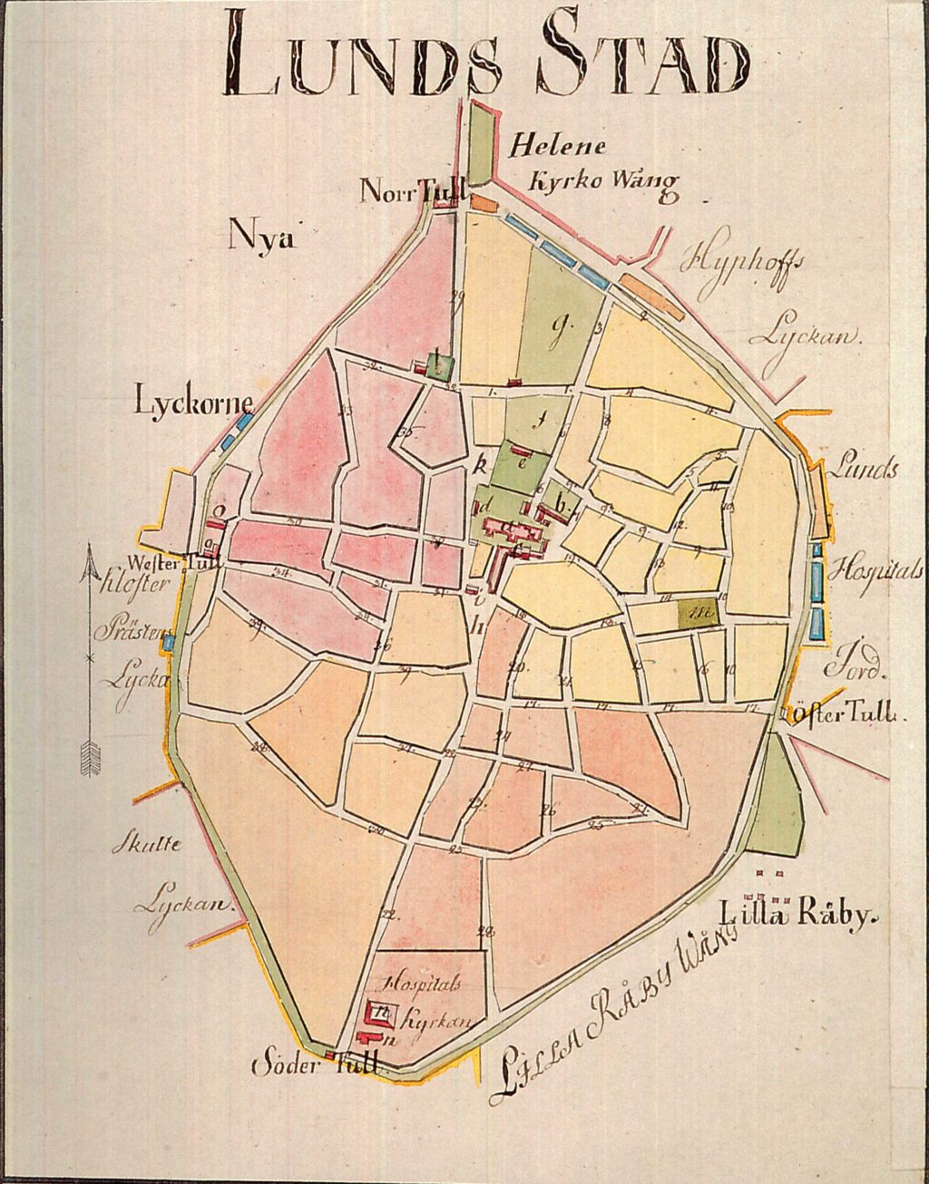 Karta över Lunds stad, 1801–1802, av C. P. Hagström. Enligt beskrivningen till kartan ska staden vid den här tiden ha haft 1250 invånare och 260 studenter. Det finns dock andra källor som anger antalet invånare till 3 100 vid sekelskiftet 1800. Originalet till kartan finns på UB i Uppsala. Bildkälla: Sydsvenska Medicinhistoriska museets bildarkiv