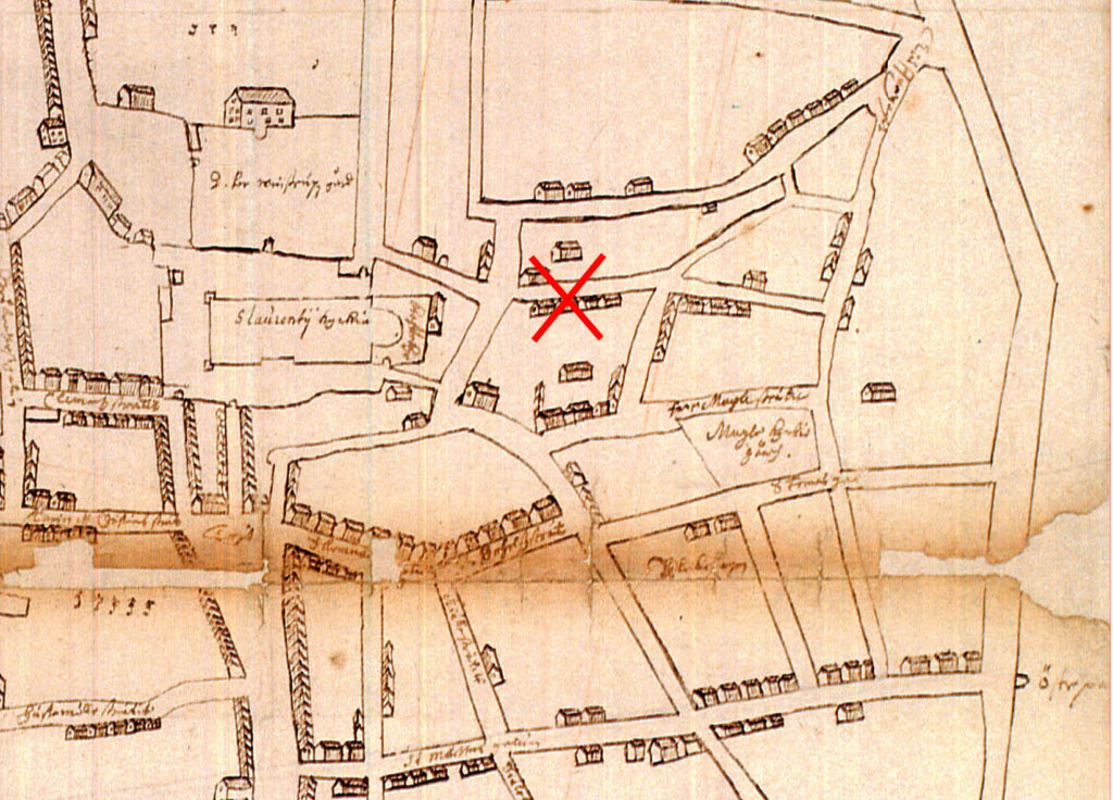 Detalj ur ”Andreas” karta från 1669, med kvarteret Sankt Mikael i bildens mitt och Domkyrkans rundade absid till vänster. Den arkeologiska undersökningen 2019 i kvarteret Sankt Mikael genomfördes ungefär vid det röda krysset. 
