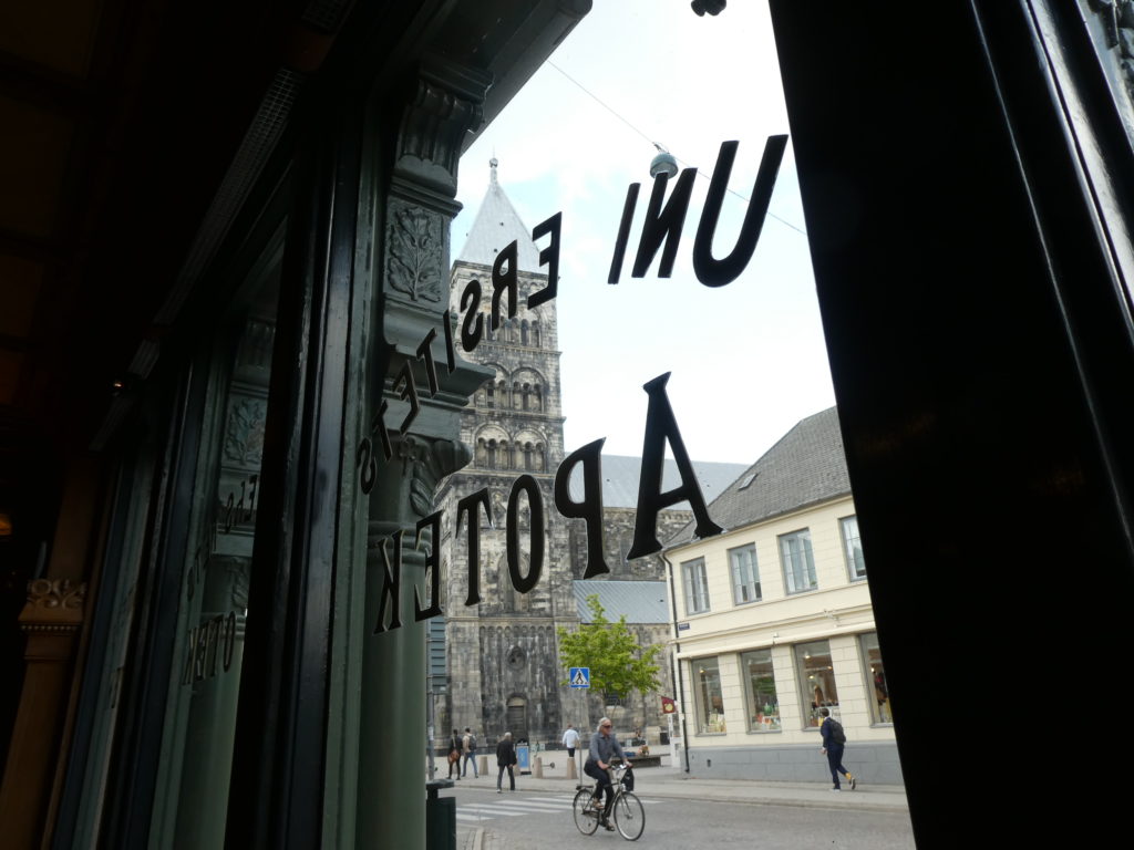 Utsikt mot gatan genom fönster med förgyllda glasbokstäver. Foto Henrik Borg