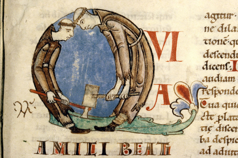 Illustration från 1100-talet av munkar från Cisterciensorden som klyver en timmerstock. 