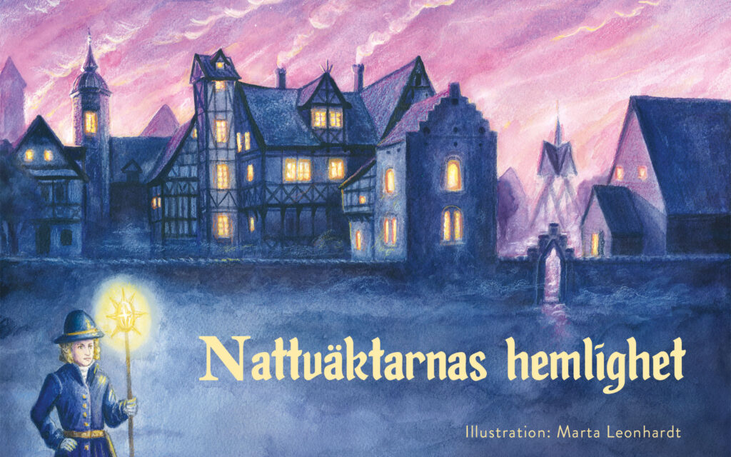 Illustration av Marta Leonhardt som föreställer Kulturens hus och en nattväktare. Det är kväll och det lyser i fönstren.