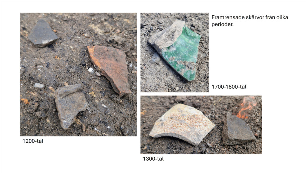 Tre olika bilder på framrensade keramikskärvor som ligger på jord, från 1200-tal, 1300-tal och från 1700–1800-tal. 