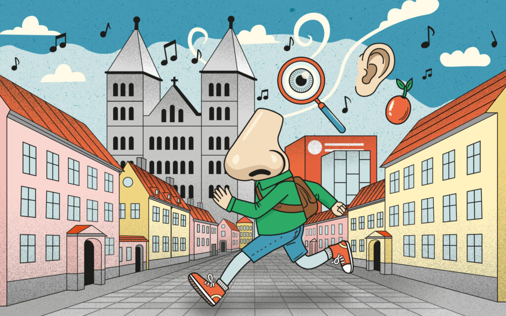 En figur med näsa som huvud springer på en gata. Hus och Lunds domkyrka i bakgrunden. Illustration.