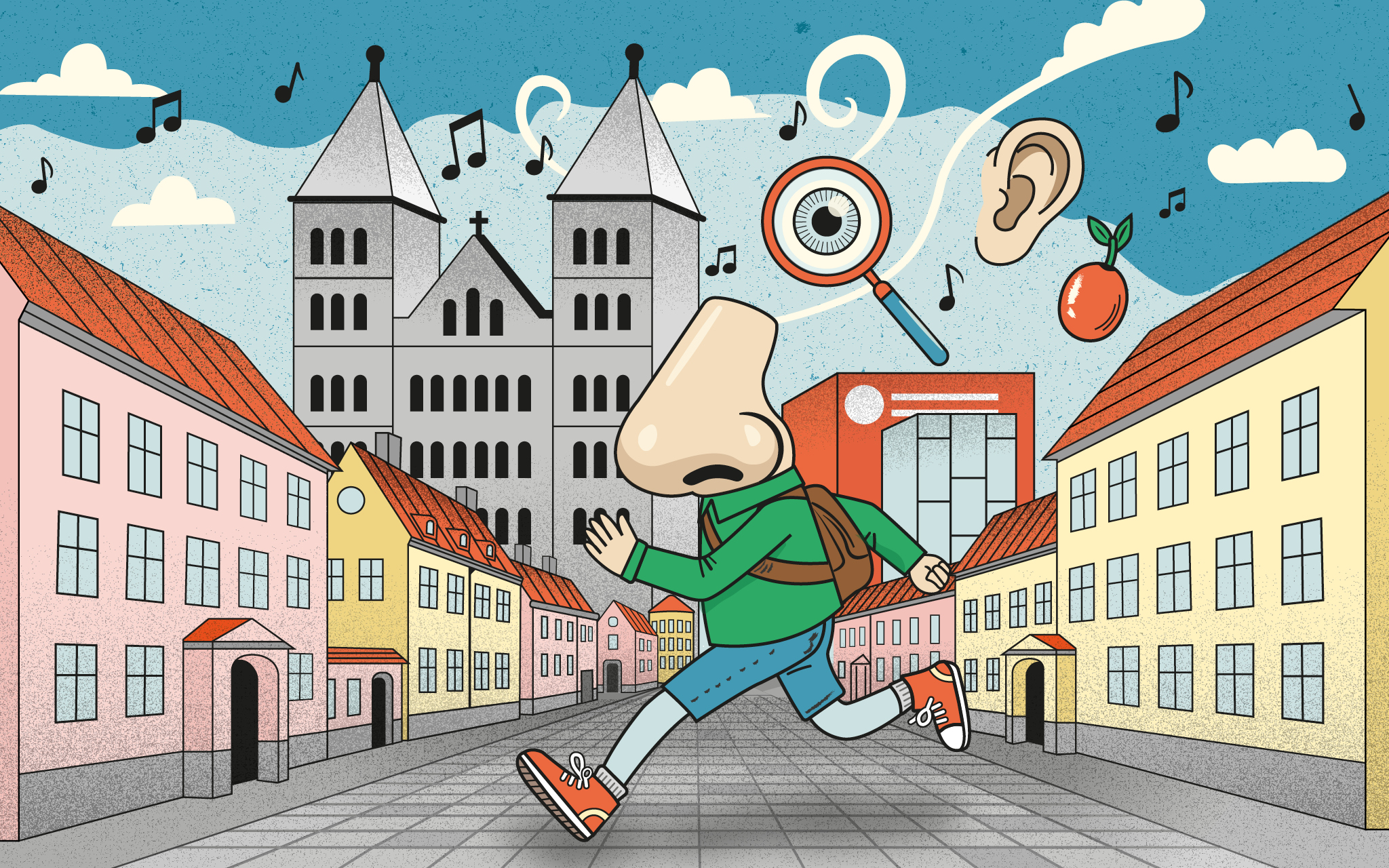 En figur med näsa som huvud springer på en gata. Hus och Lunds domkyrka i bakgrunden. Illustration.