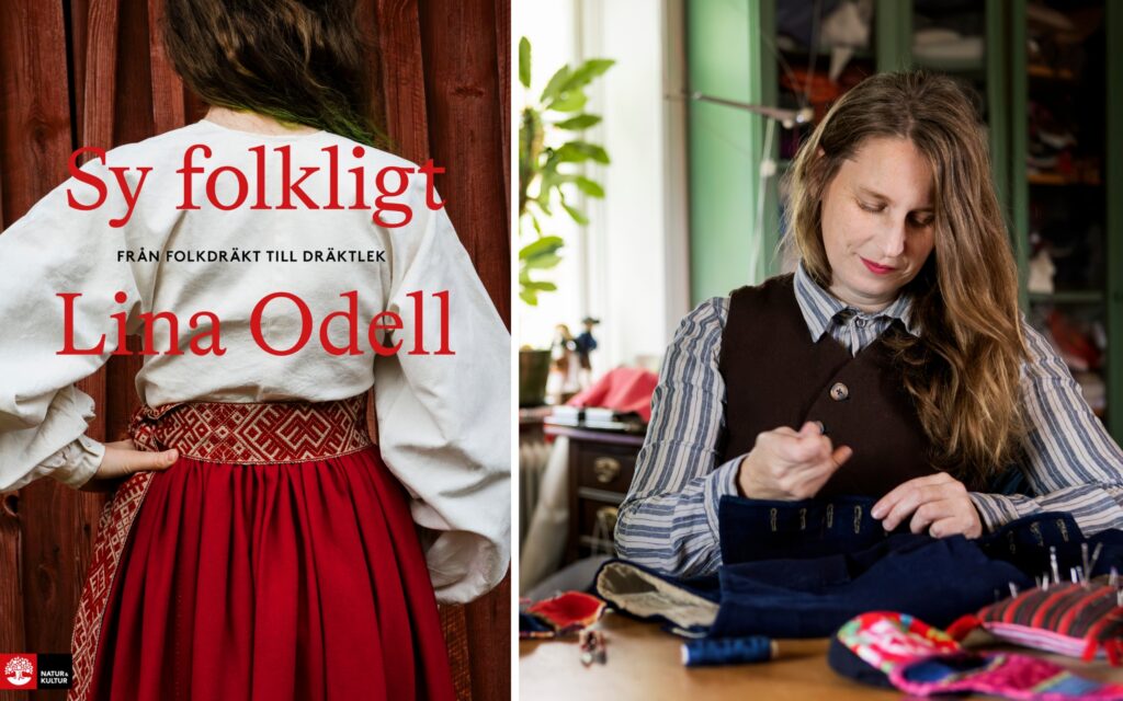 Bokomslag till höger och Lina odell till vänster, som sitter och syr.